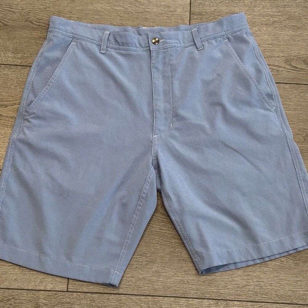 FJ Footjoy Chino Golf Shorts Mens 34 Gingham Check Plaid Blue‎ Performance